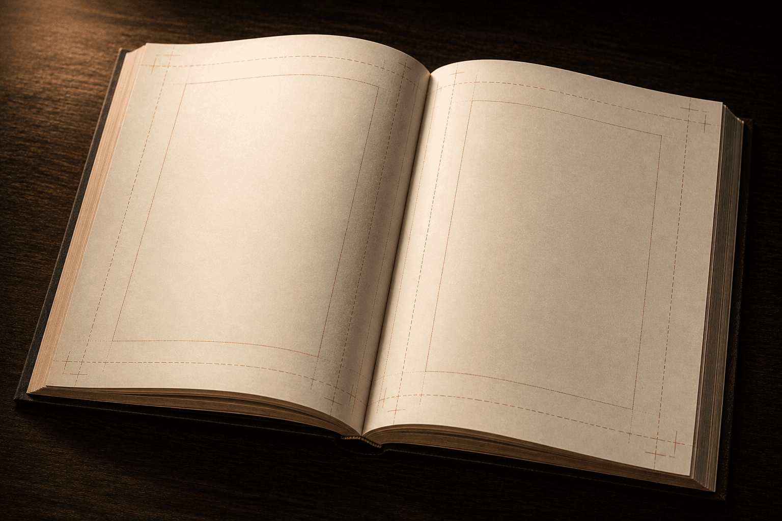 An open book showing faint red layout guides for margins, gutter, and trim
