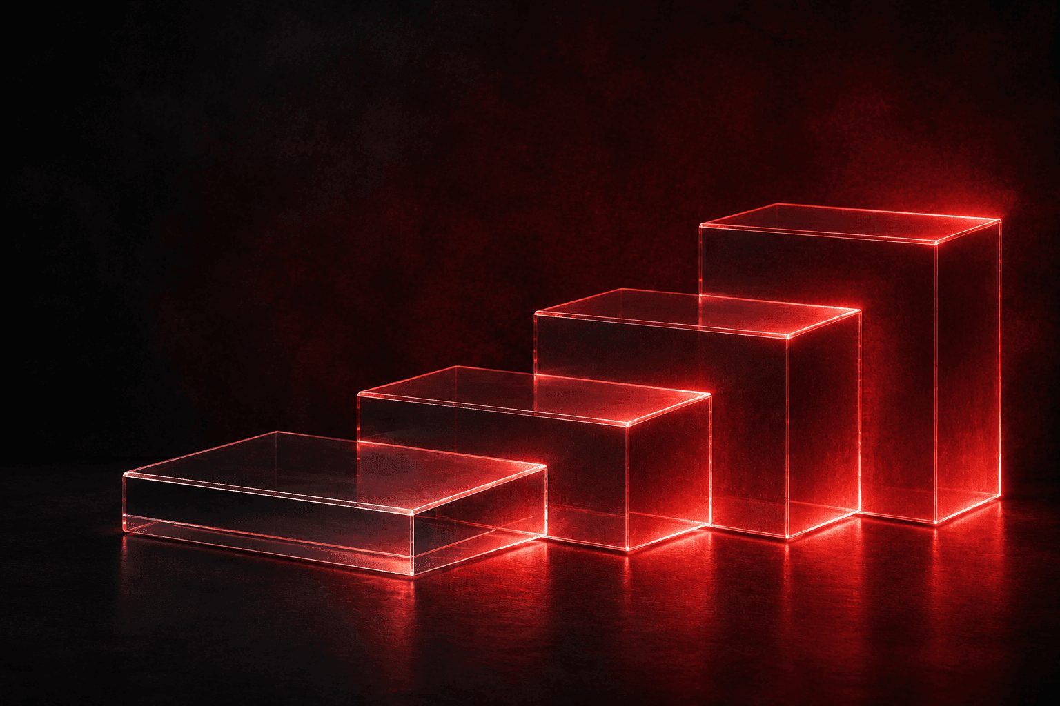 Four glass blocks rising in ascending steps, edge-lit in red