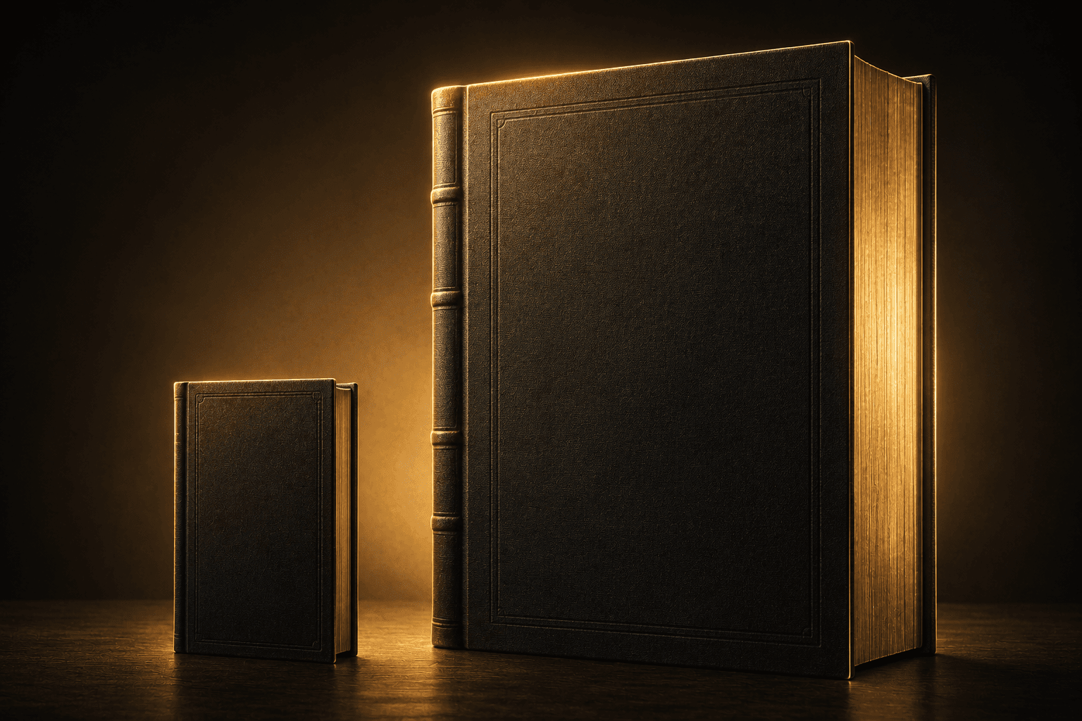 A small book and a large book side by side, lit from behind with gold light