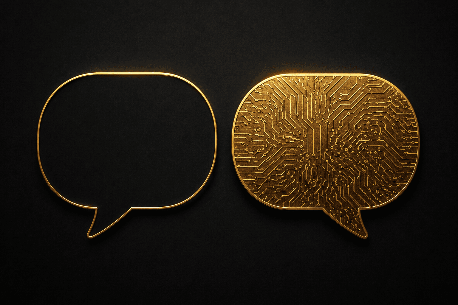Two gold speech bubbles on black, one a plain outline and one filled with circuit-board engraving