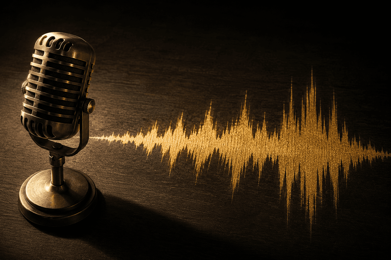 A vintage studio microphone with a golden audio waveform extending across a dark surface