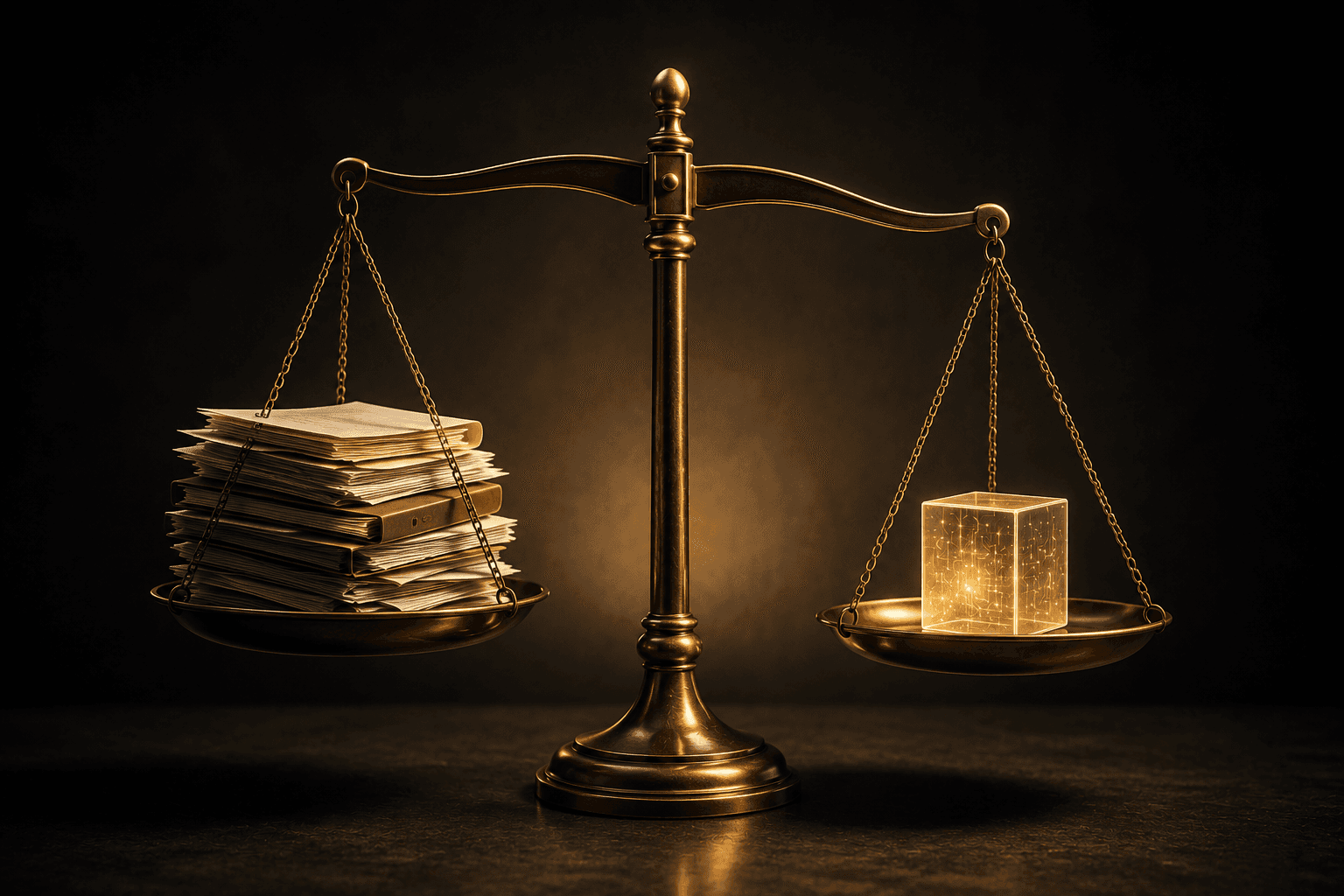 A brass balance scale weighing a stack of paper against a glowing cube