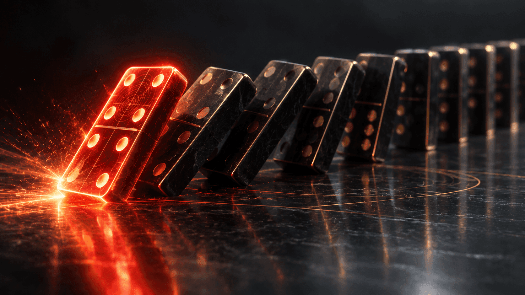 A line of dark dominoes mid-fall, the leading one glowing red