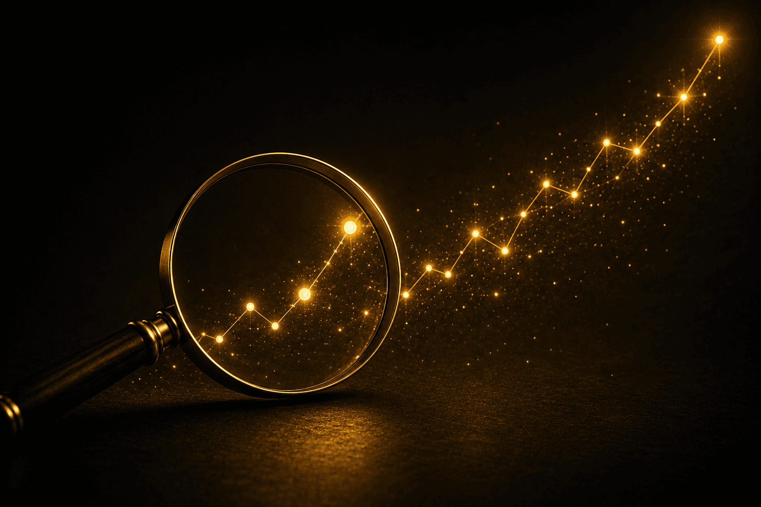 A magnifying glass over a rising line of connected gold points
