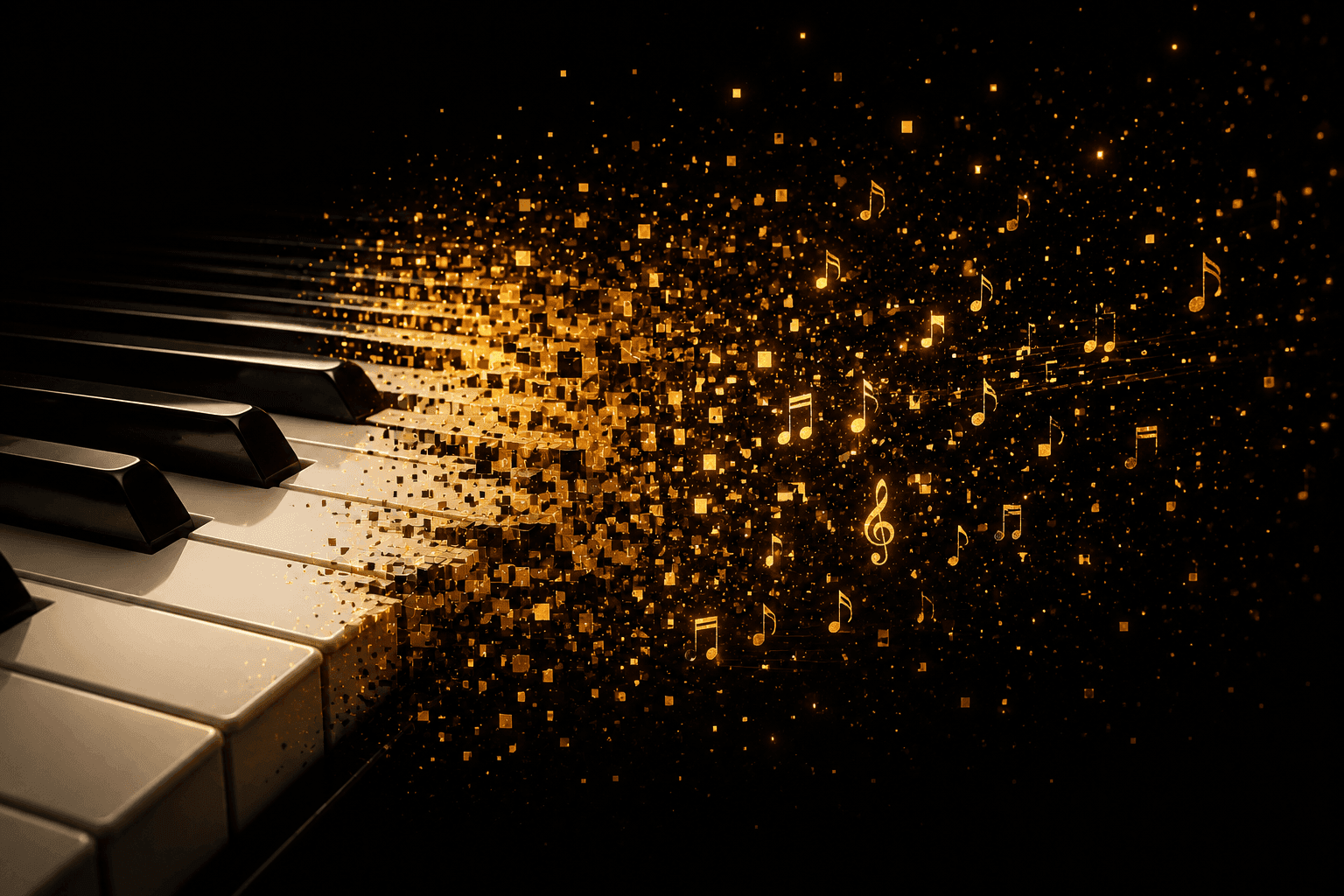 Piano keys dissolving into drifting gold pixels and musical notes