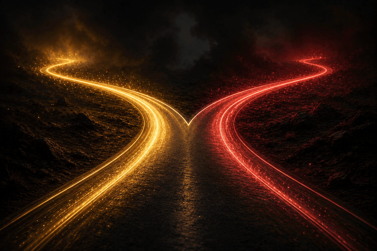 A road forking into two glowing paths, one gold and one red